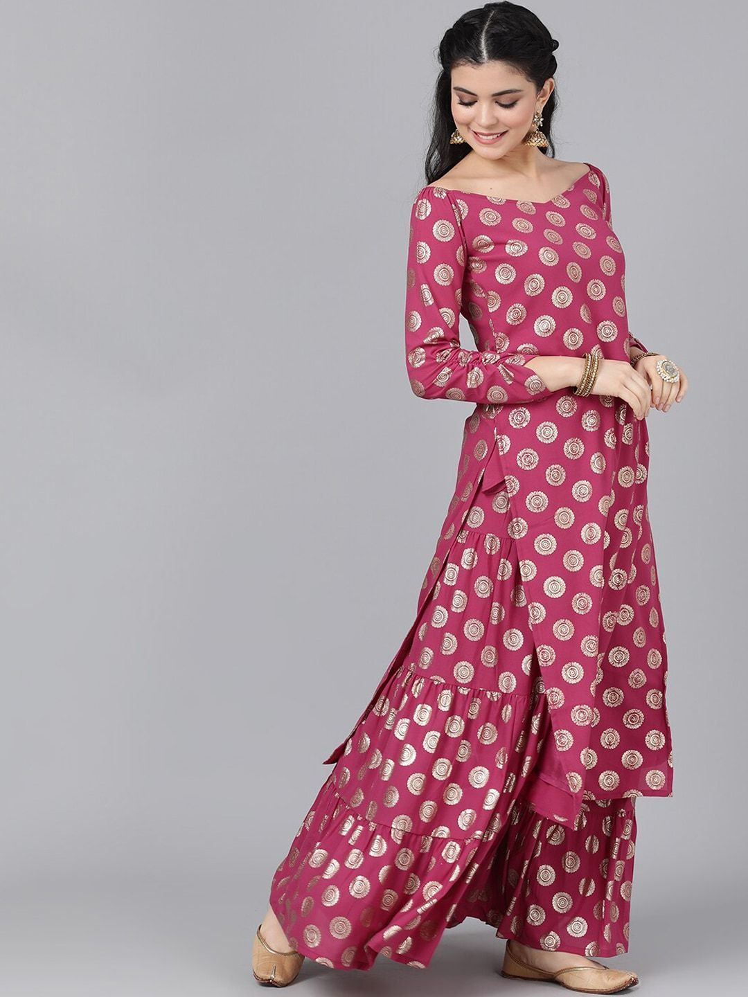 Women's  Magenta & Gold Foil Print Off-Shoulder Straight Kurta