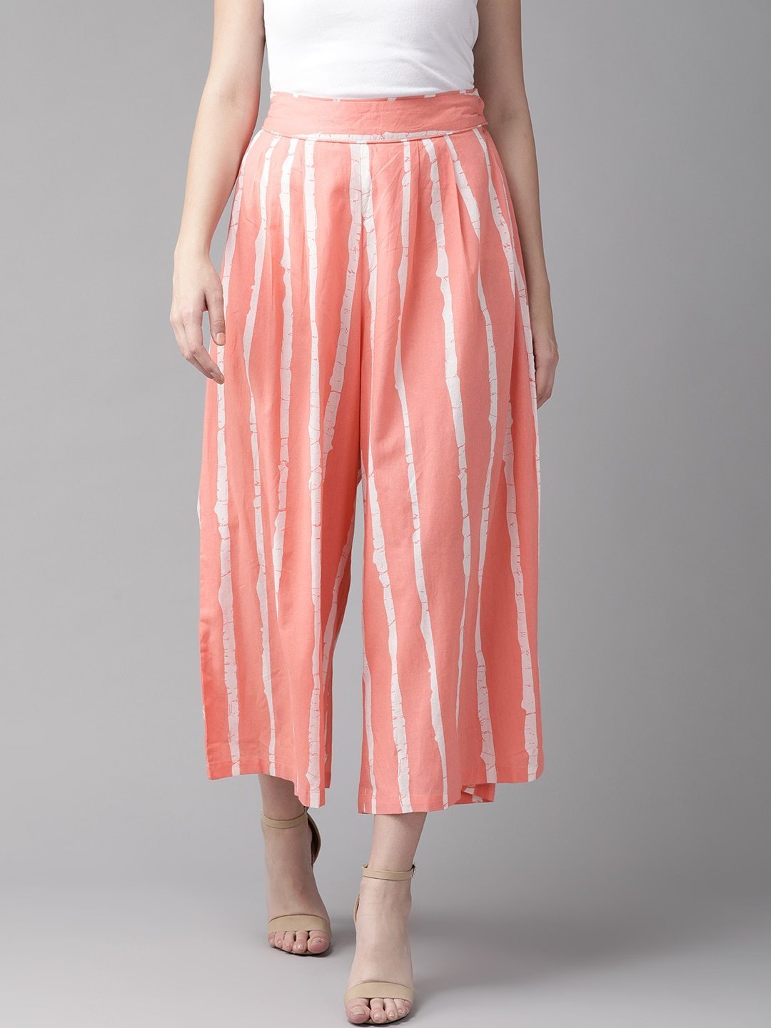 Women's  Pink & White Striped Flared Palazzos
