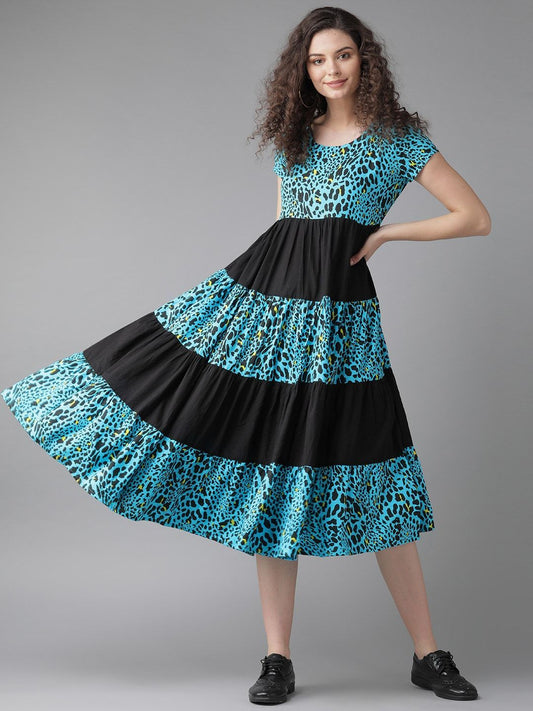 Women's  Blue & Black Animal Printed Fit & Flare Dress