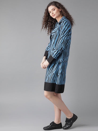 Women's  Blue & Black Animal Printed A-Line Dress with Jacket