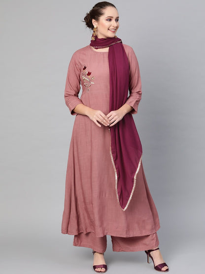 Women's  Mauve & Purple Embroidered Detail Kurta with Palazzos & Dupatta