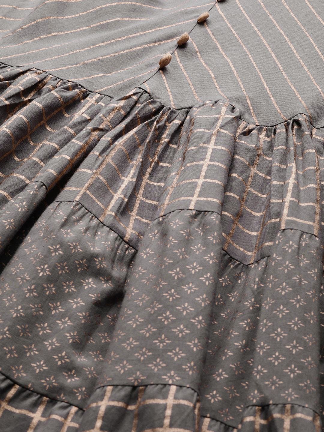 Women's  Grey & Golden Printed Tiered Anarkali Kurta