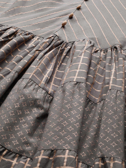Women's  Grey & Golden Printed Tiered Anarkali Kurta