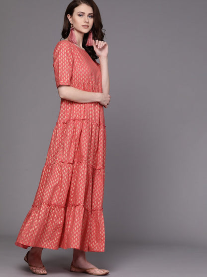 Women's  Pink & Golden Printed Tiered Maxi Dress