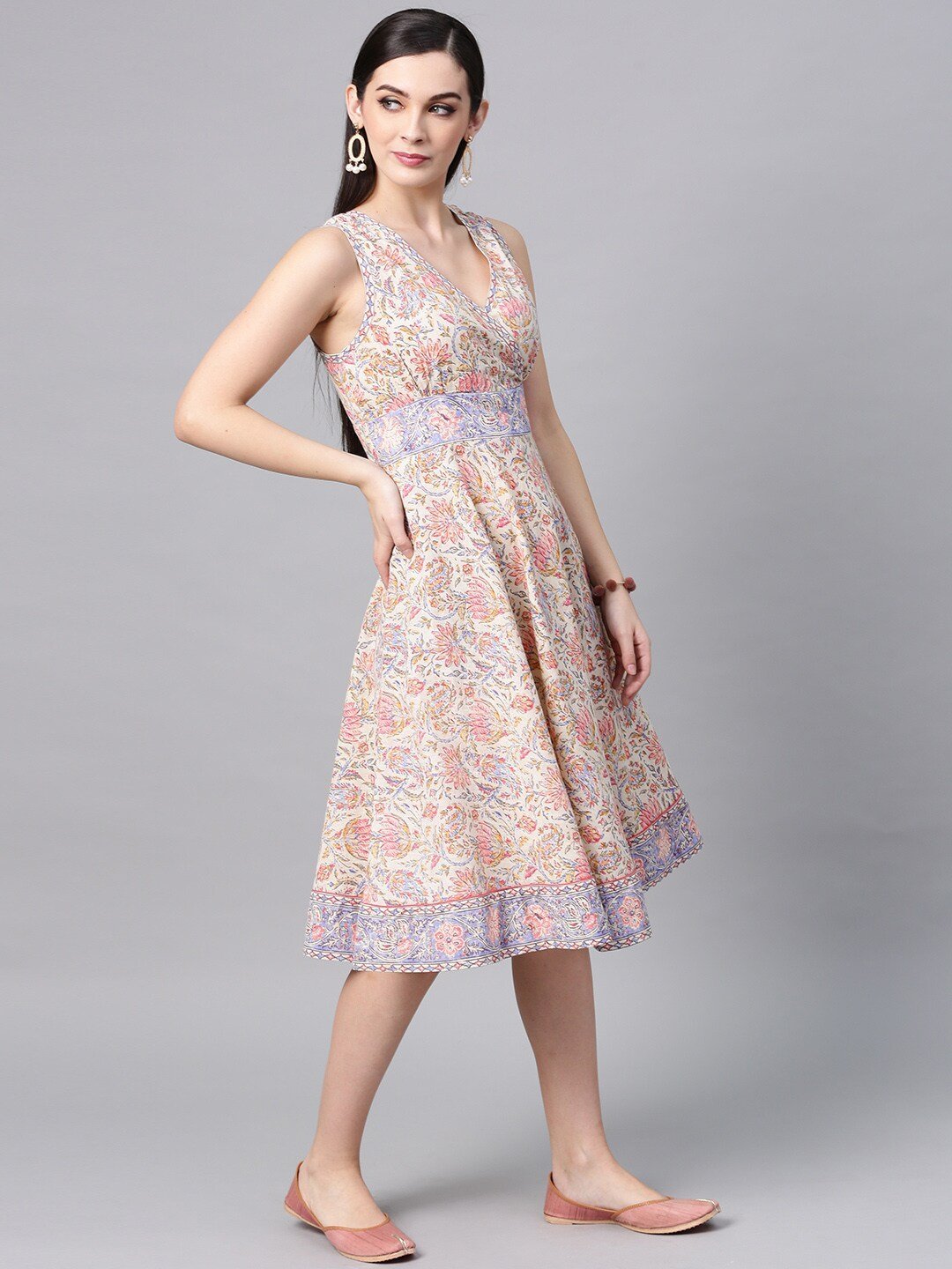Women's  Off-White & Pink Printed Fit and Flare Dress