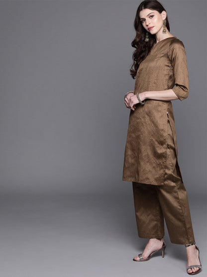 Women's Brown Textured Kurta Palazzo With Dupatta