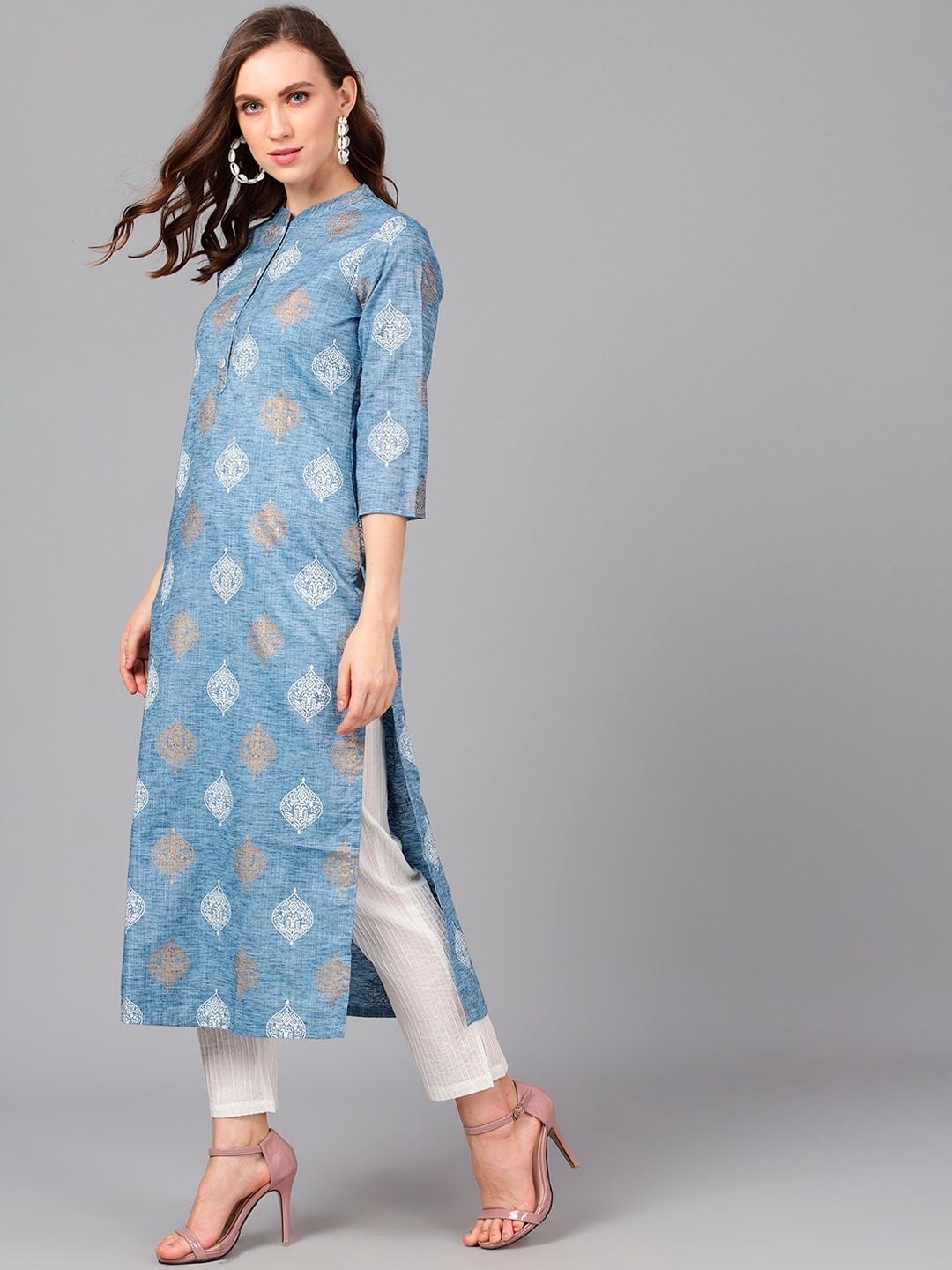 Women's  Blue & Gold-Toned Printed Straight Kurta