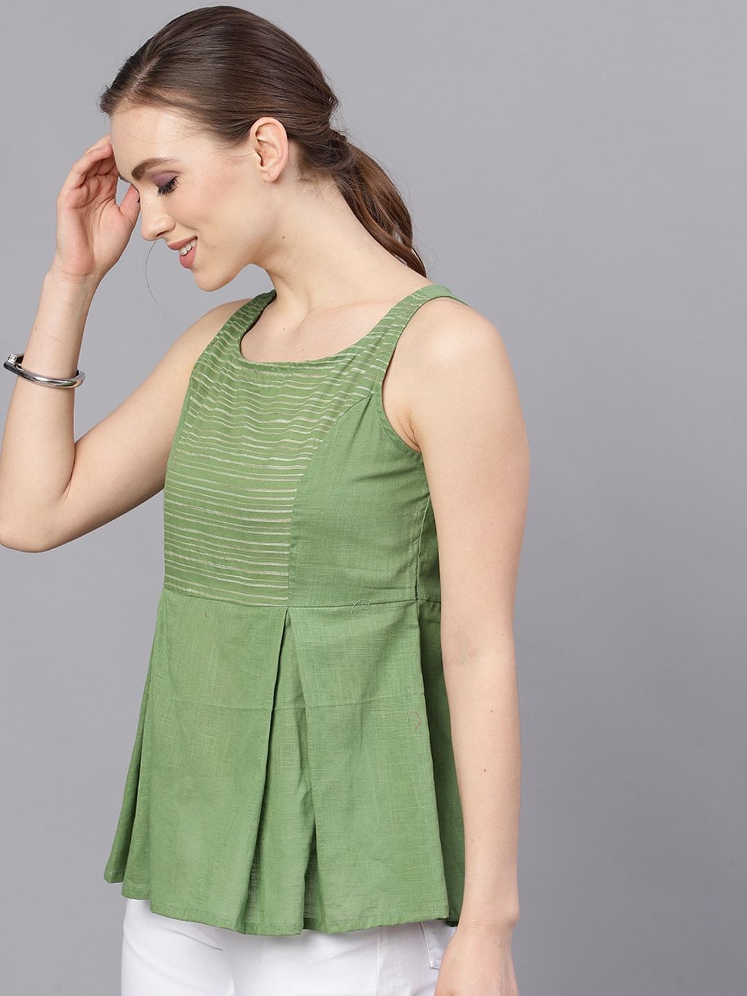Women's  Green Striped A-Line Top