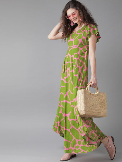 Women's  Green And Pink Printed Maxi Dress