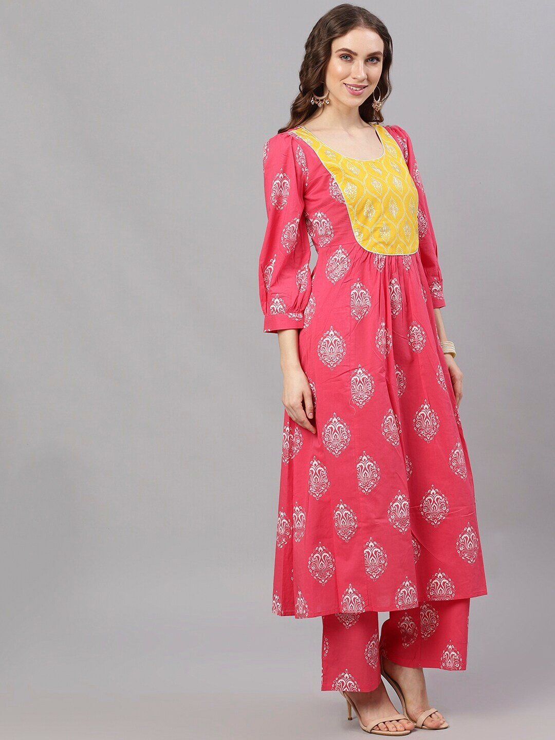 Women's  Pink & Yellow Yoke Design Anarkali Kurta