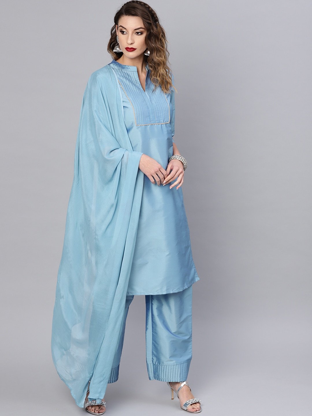 Women's  Blue Solid Kurta with Palazzos & Dupatta