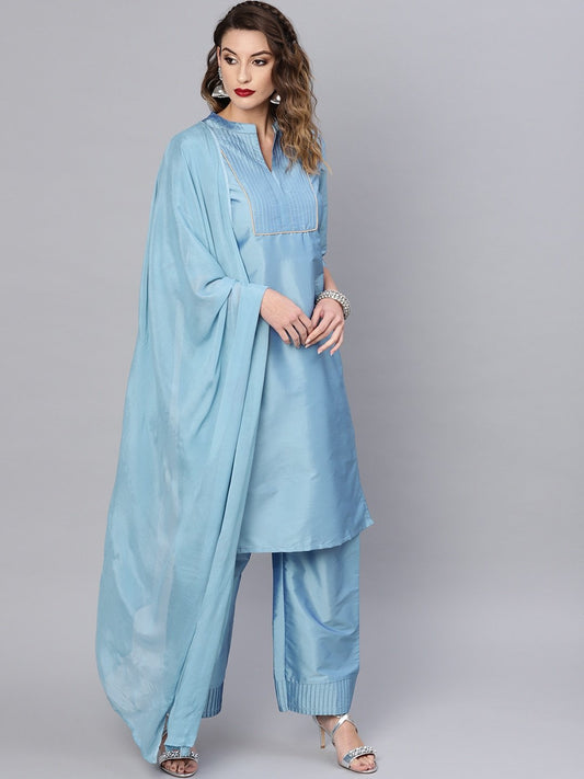 Women's  Blue Solid Kurta with Palazzos & Dupatta
