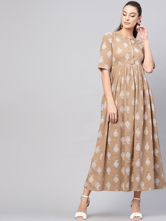 Women's  Beige & White Pleated Khari Print Maxi Dress