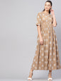 Women's  Beige & White Pleated Khari Print Maxi Dress