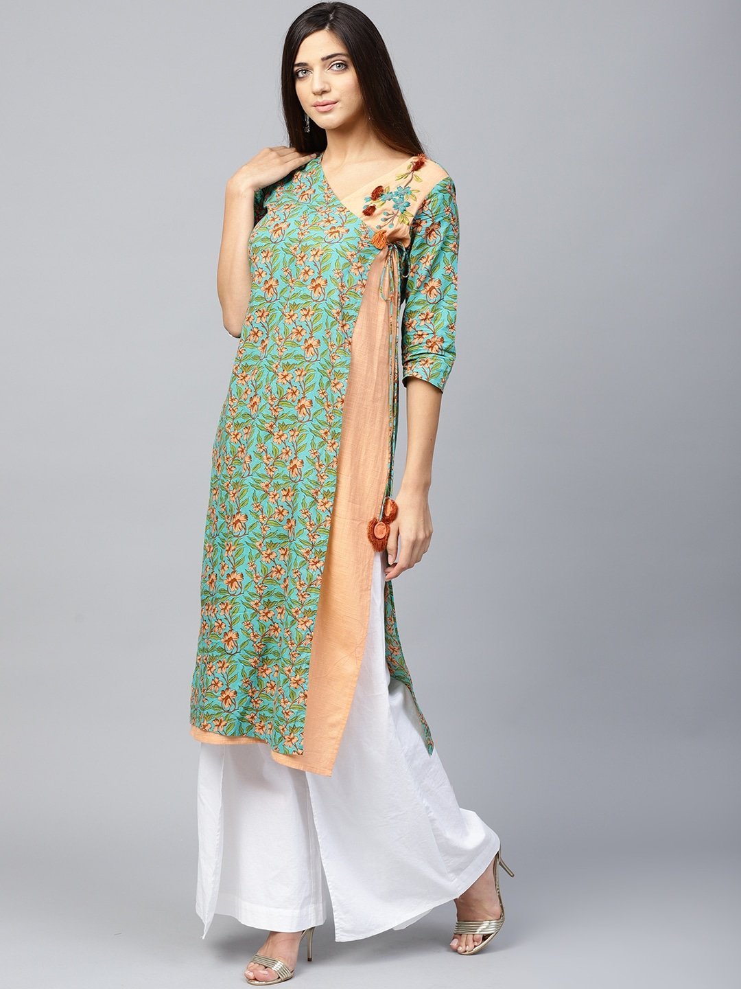 Women's Green & Peach Printed Kurta