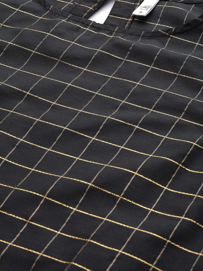 Women's  Black & Golden Self Checked Kurta with Palazzos