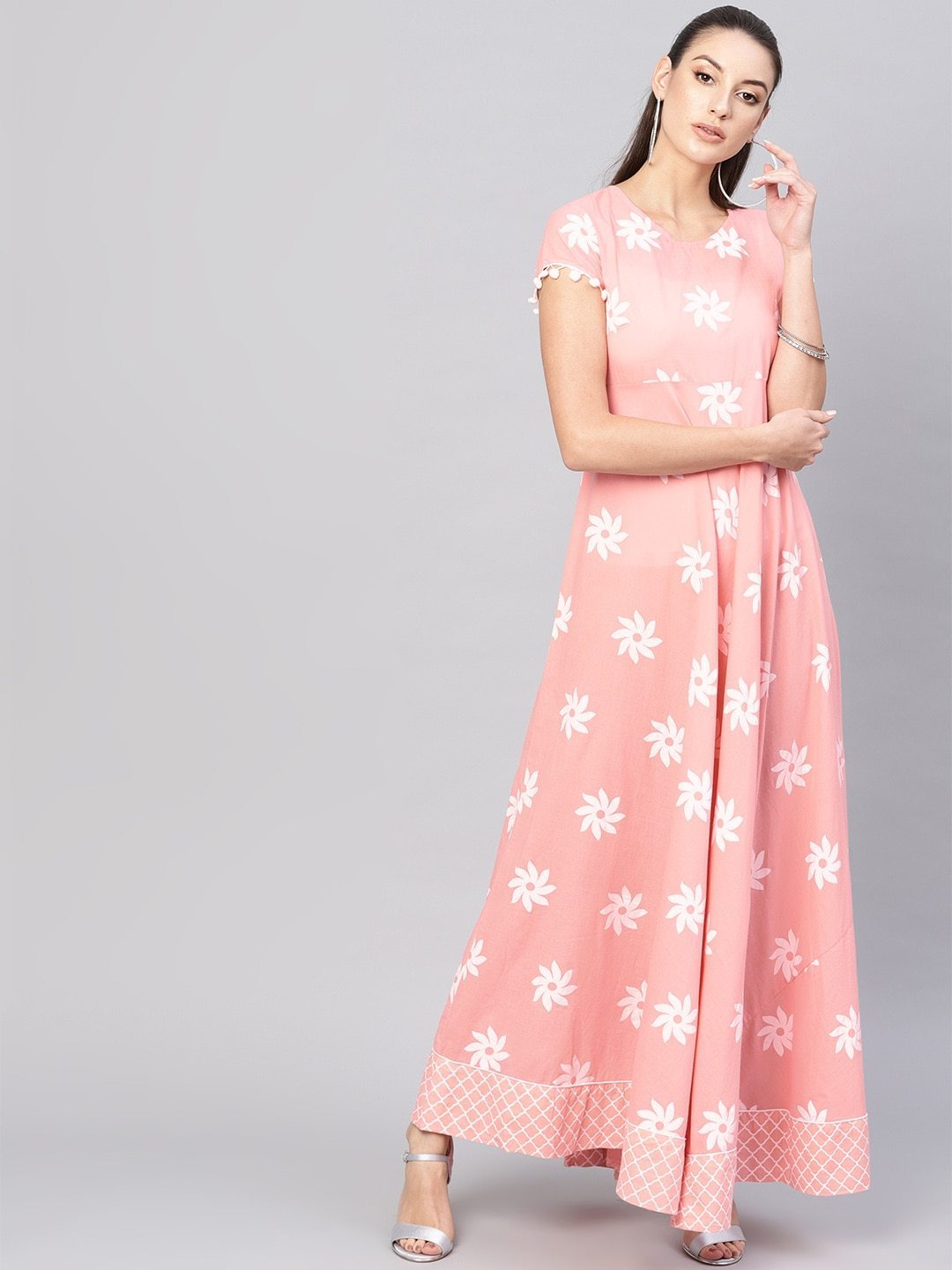 Women's  Peach-Coloured & White Floral Khari Print Maxi Dress