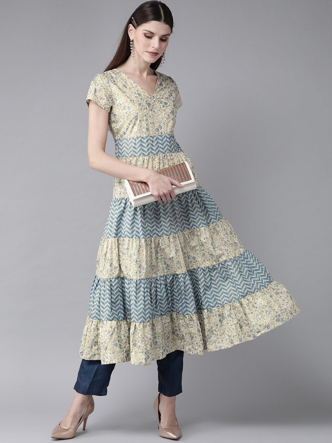 Women's  Cream-Coloured & Blue Kahri Print Tiered A-Line Kurta