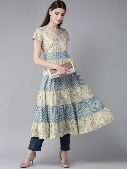 Women's  Cream-Coloured & Blue Kahri Print Tiered A-Line Kurta