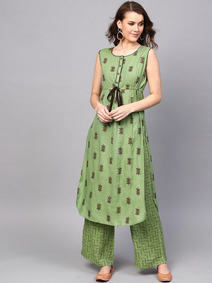 Women's  Green & Brown Printed Kurta with Palazzos