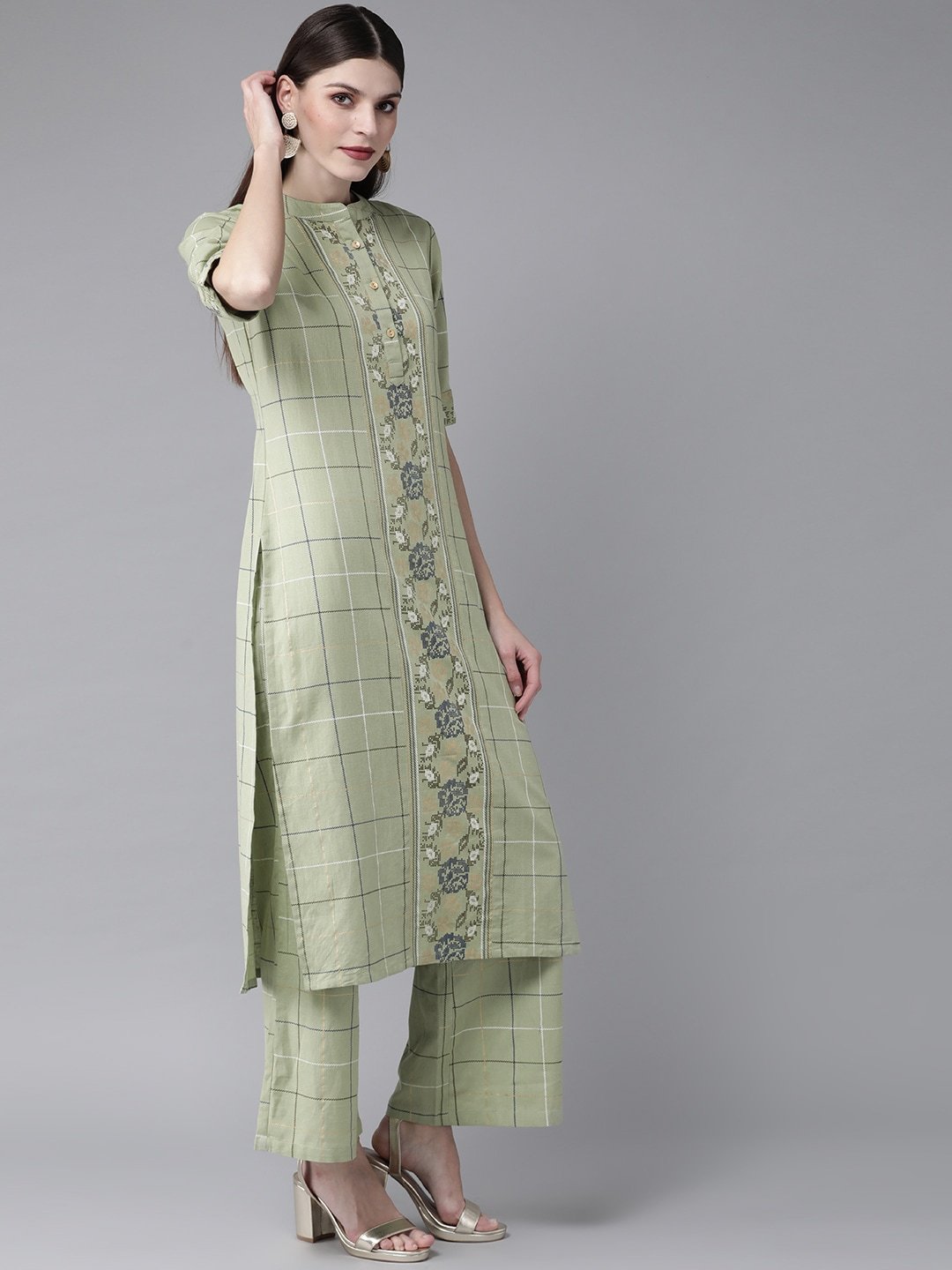 Women's  Green Checked Kurta with Palazzos