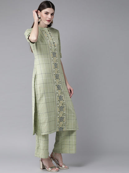 Women's  Green Checked Kurta with Palazzos
