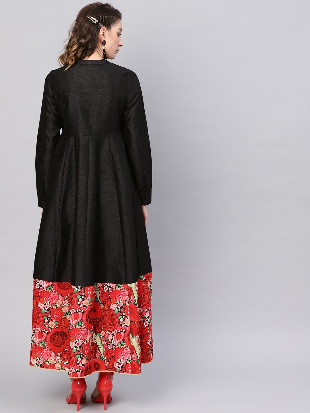 Women's  Black Floral Printed Detail Maxi Dress