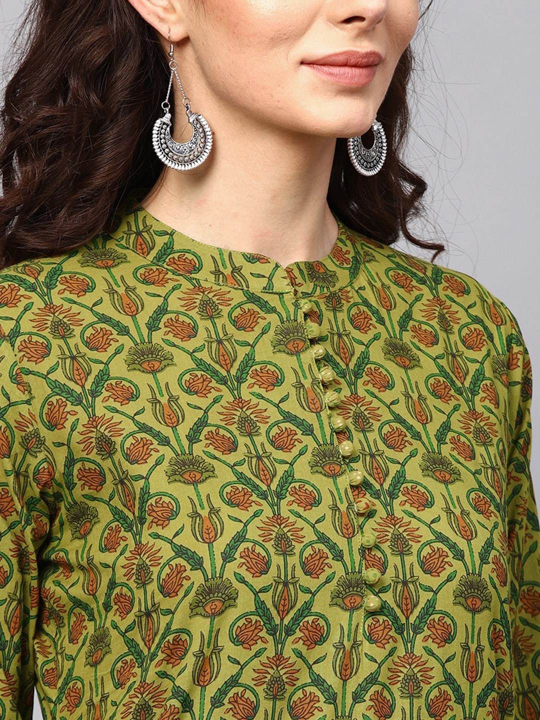 Women's  Green & Brown Printed Straight Kurta
