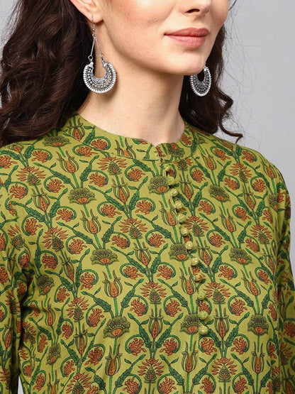 Women's  Green & Brown Printed Straight Kurta