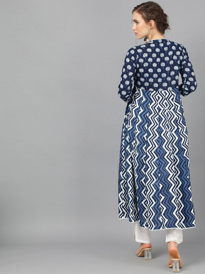 Women's  Navy Blue & White Printed Anarkali Kurta