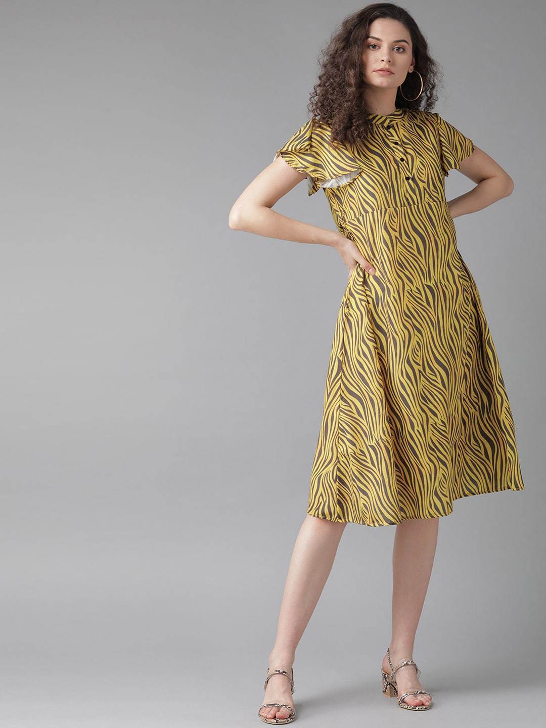 Women's  Yellow Printed A-Line Dress