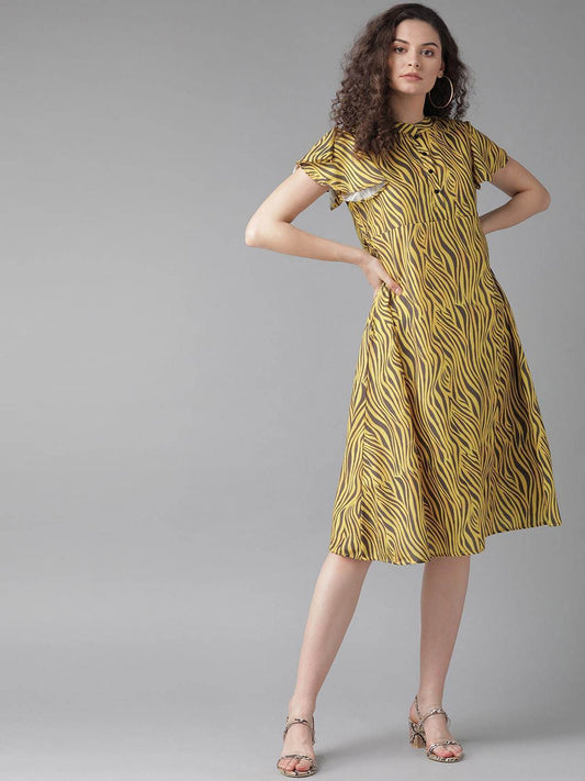 Women's  Yellow Printed A-Line Dress