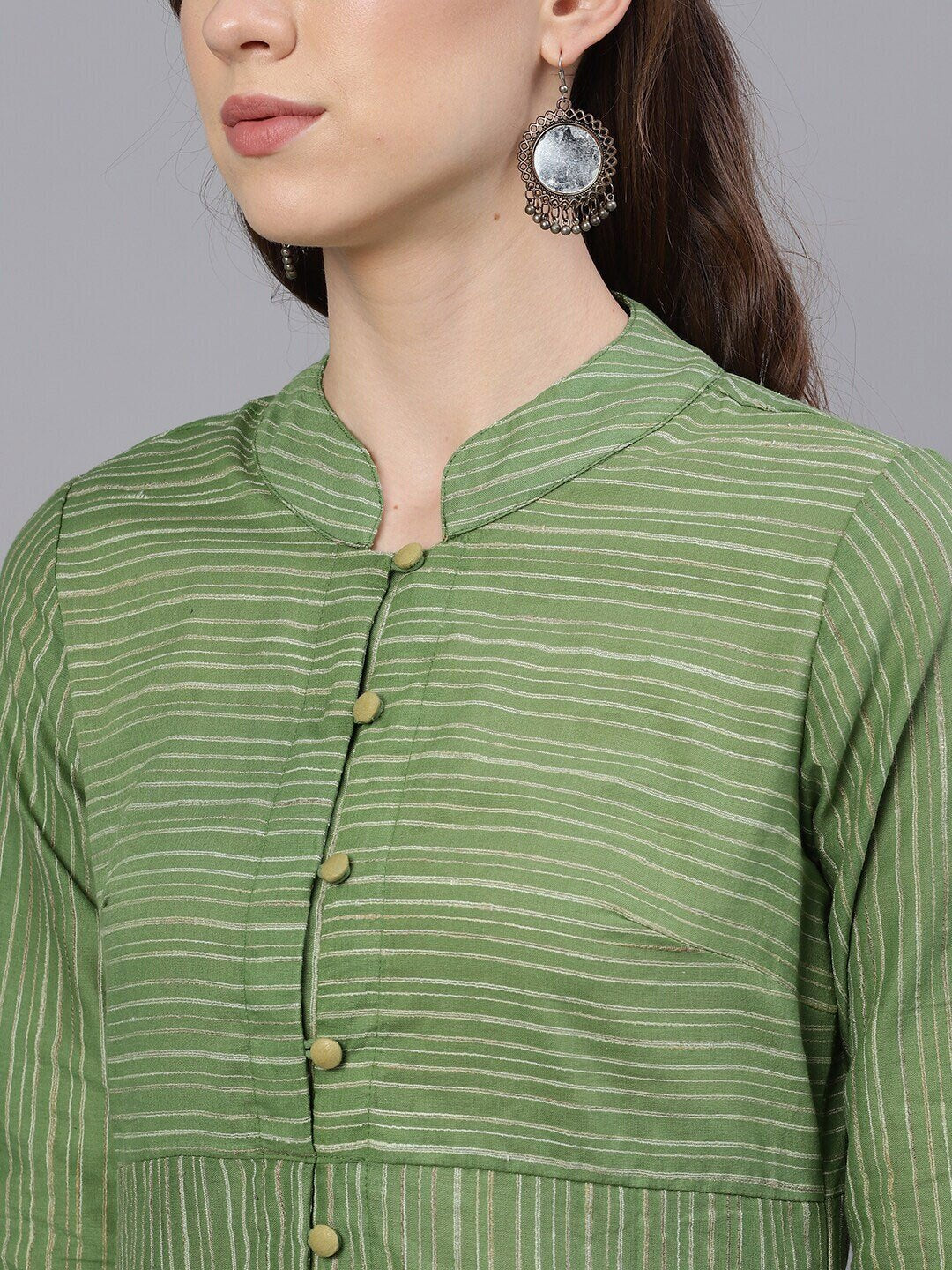 Women's  Green Striped Straight Kurta