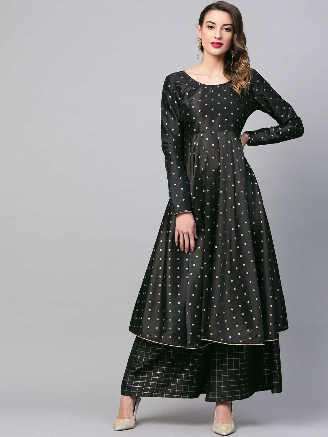 Women's  Black & Golden Woven Design Anarkali Kurta