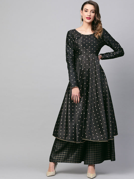 Women's  Black & Golden Woven Design Anarkali Kurta