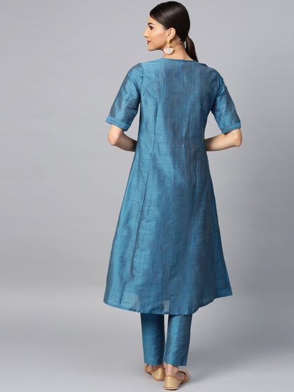 Women's  Blue Solid Kurta with Trousers