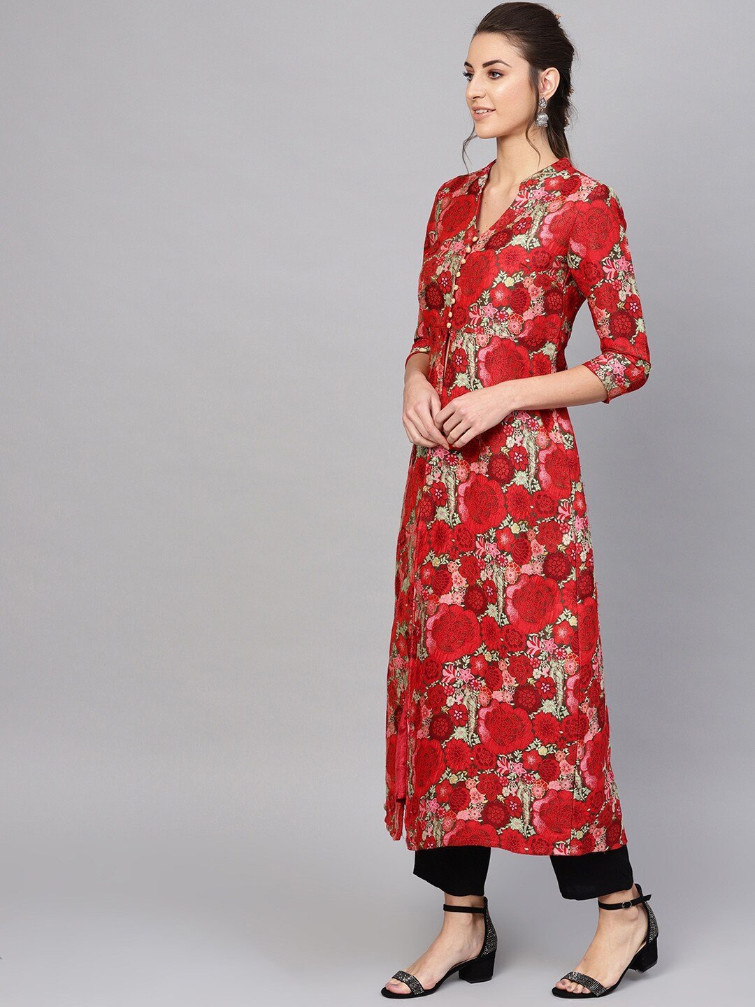 Women's  Red & Green Self Design Longline Ethnic Jacket