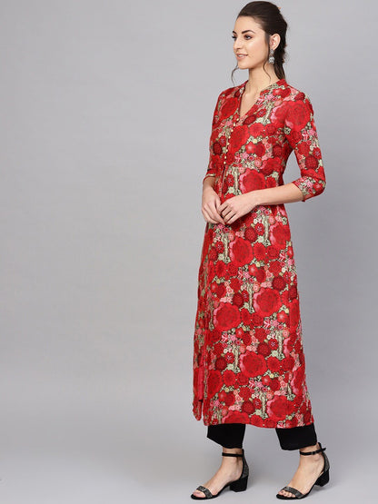 Women's  Red & Green Self Design Longline Ethnic Jacket