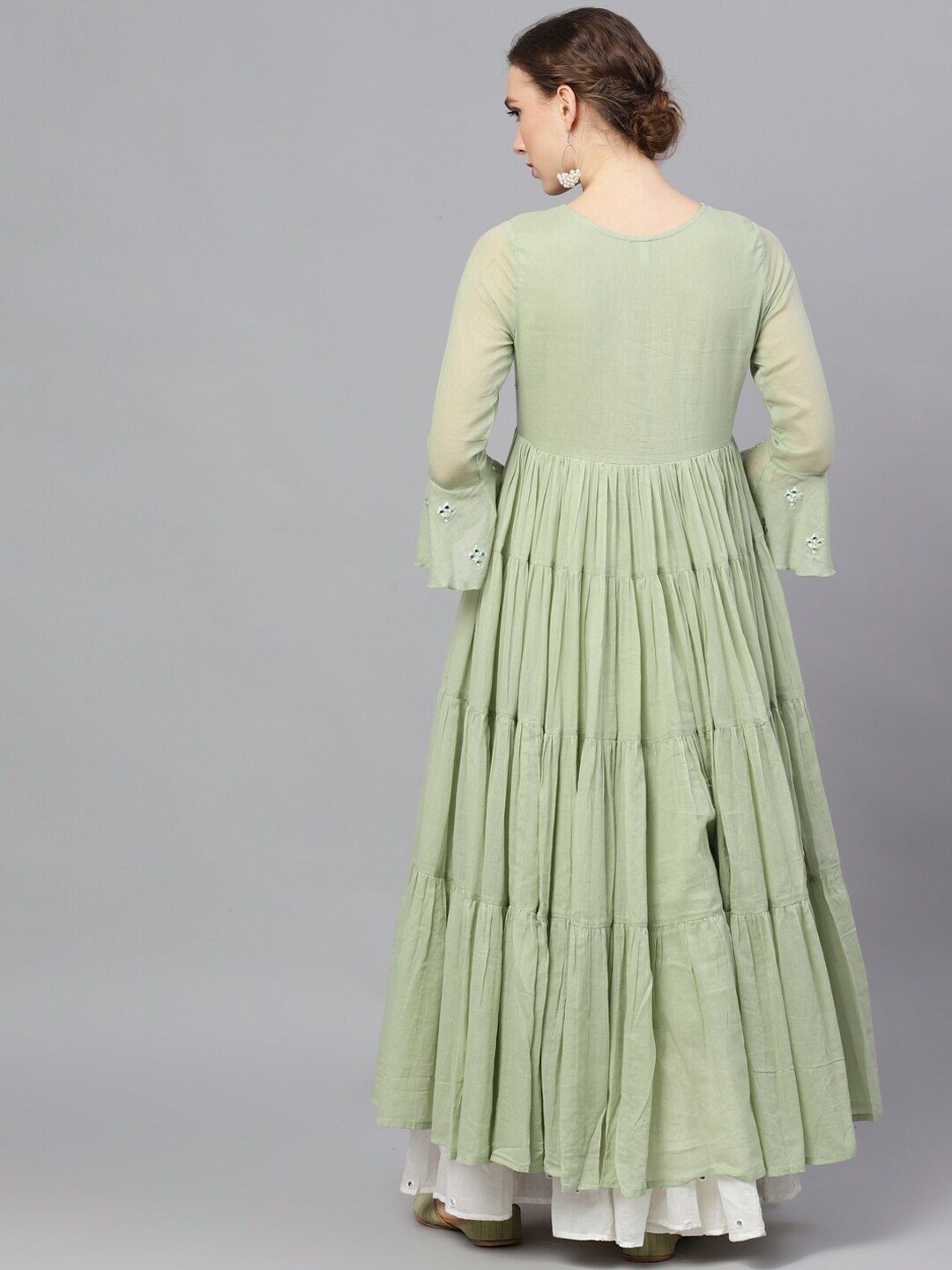 Women's  Green Embroidered Layered Anarkali Kurta