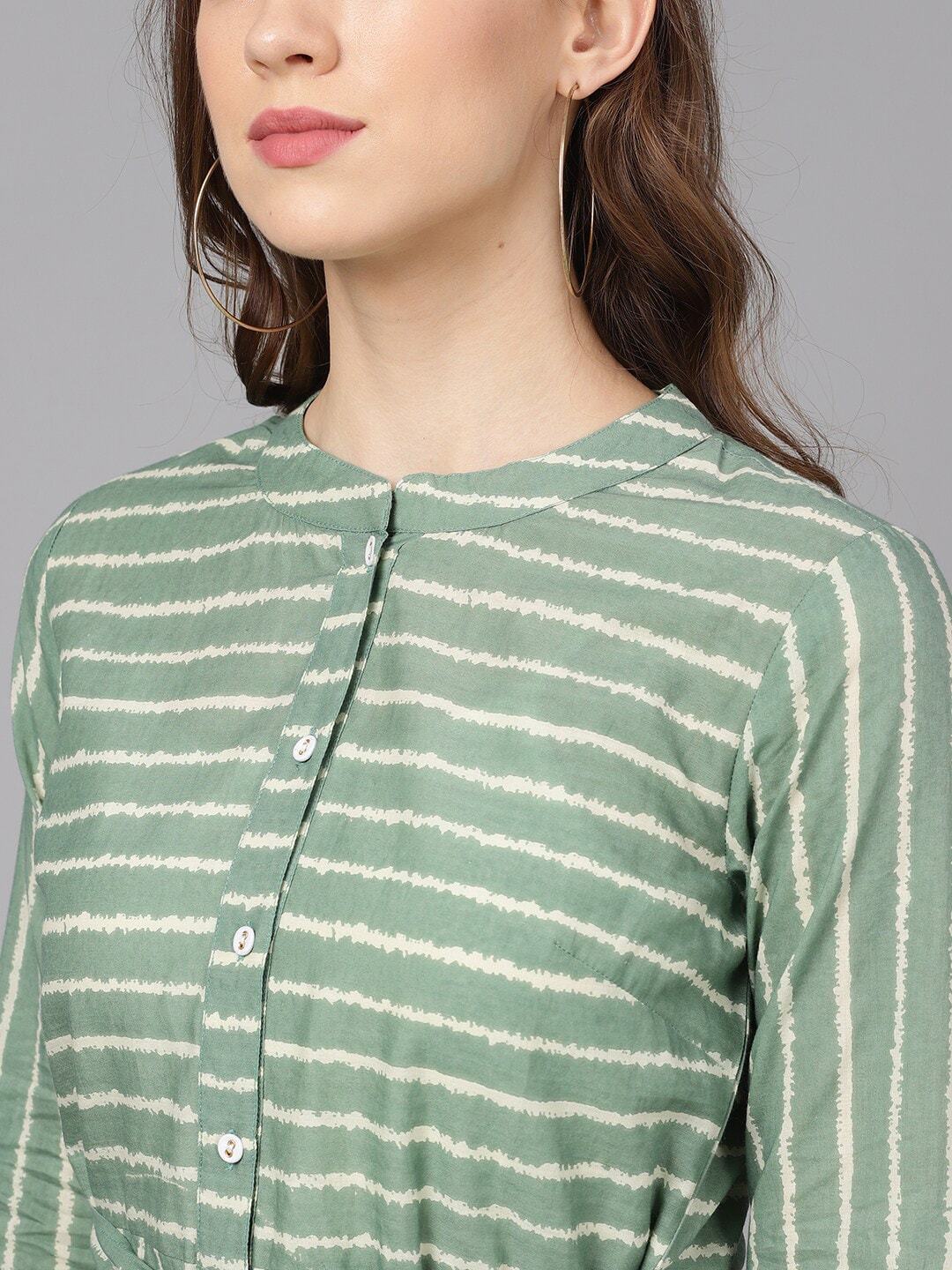 Women's  Green & Beige Striped A-Line Dress
