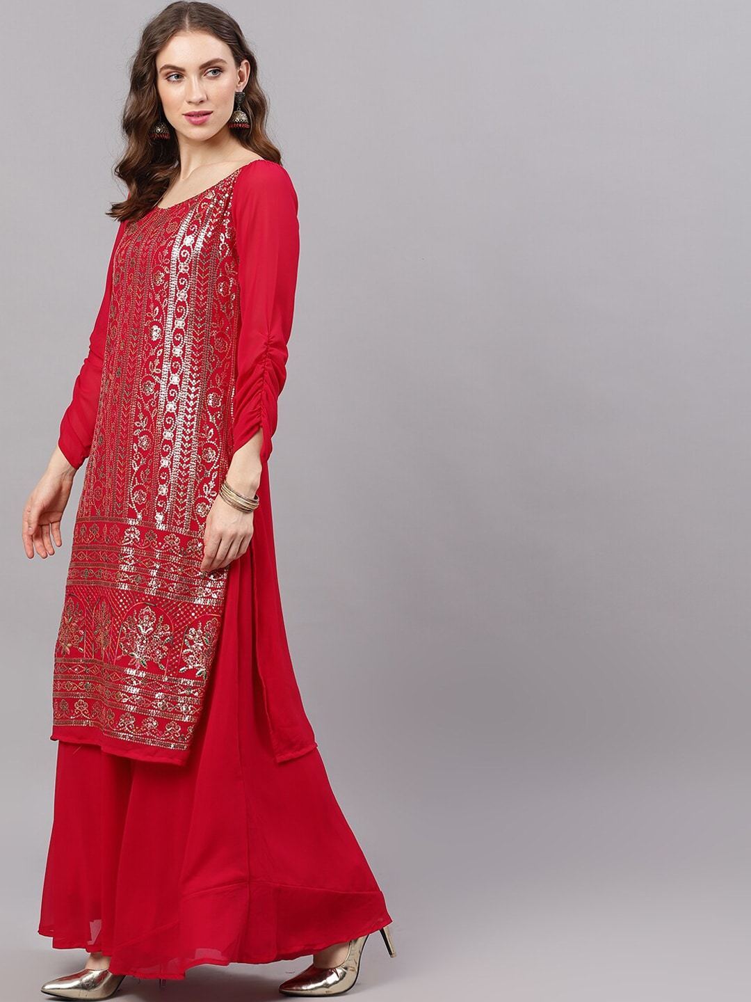 Women's  Maroon Sequence Work With Solid Flared Skirt
