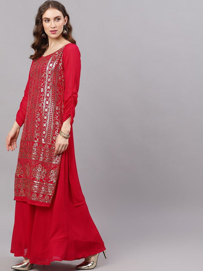 Women's  Maroon Sequence Work With Solid Flared Skirt