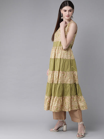 Women's  Cream-Coloured & Green Khari Print Tiered A-Line Kurta