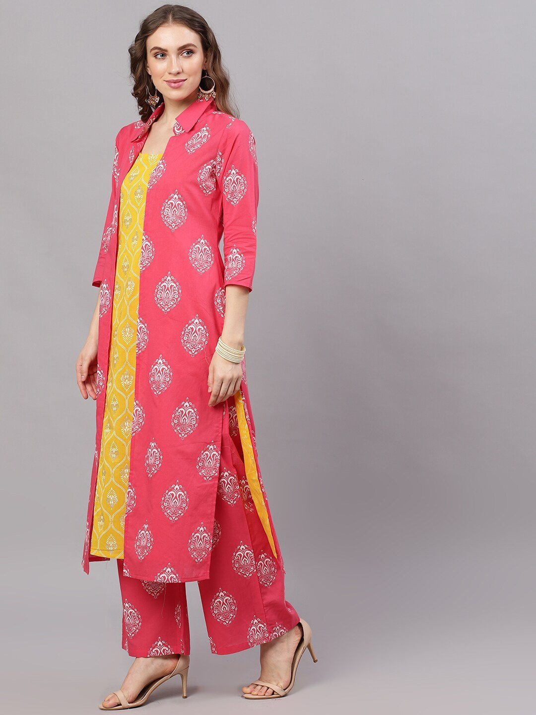 Women's  Yellow & Pink Printed Kurta with Palazzos