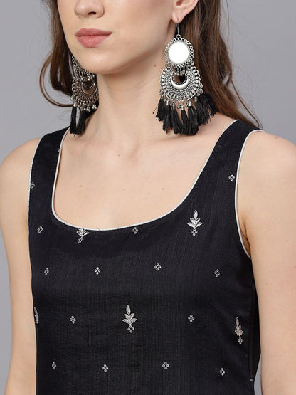 Women's Black Sliver Foil Printed Straight Kurta With Palazzo Set