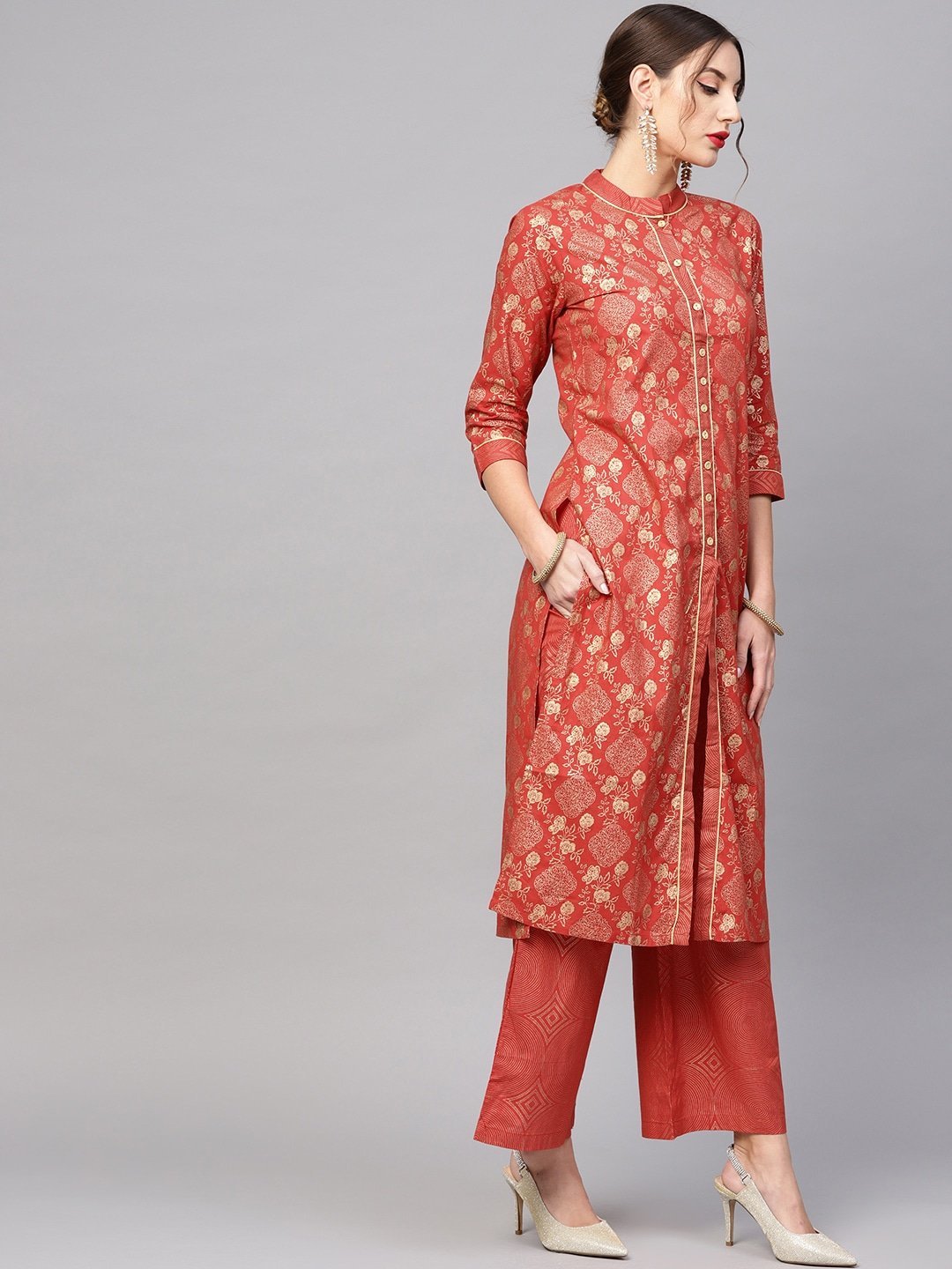 Women's  Rust Orange & Golden Printed Kurta with Palazzos