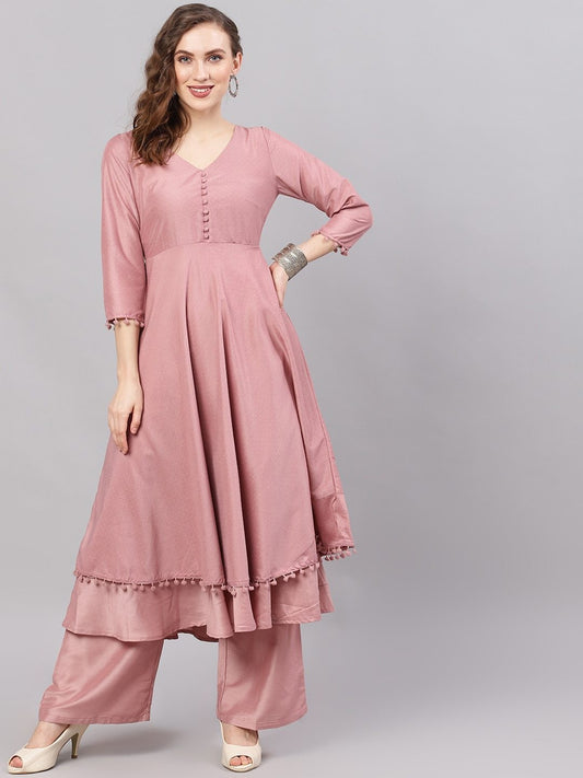 Women's  Pink Solid Kurta with Palazzos
