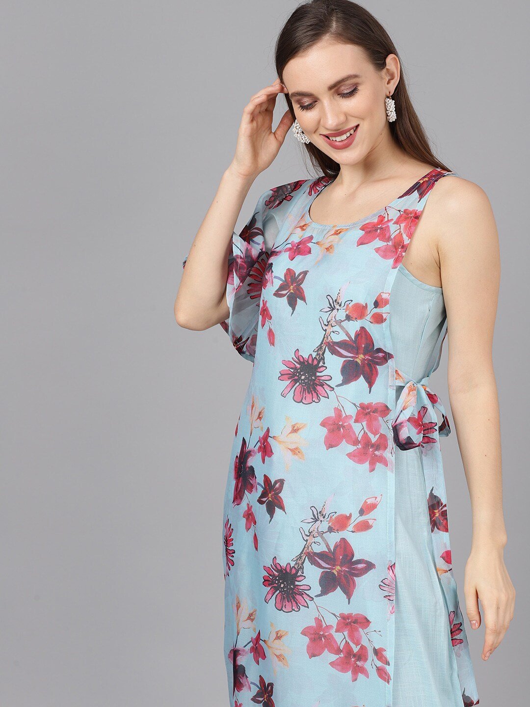 Women's  Blue & Pink Printed Layered Maxi Dress