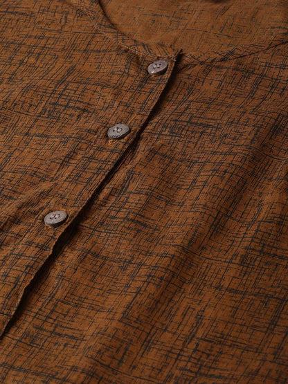 Women's  Mustard Brown & Black Self-Checked Kurta with Palazzos