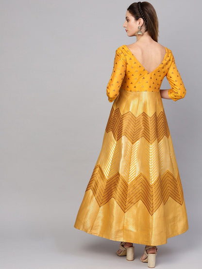 Women's  Mustard Yellow & Golden Jacquard Patterned Brocade Maxi Dress
